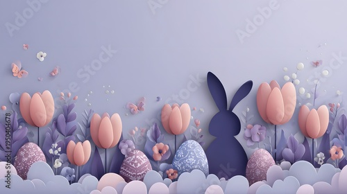 Artistic Easter Layout with Pastel Tones, Playful Bunny Silhouette, and Intricately Patterned Eggs Amid Blooming Tulips