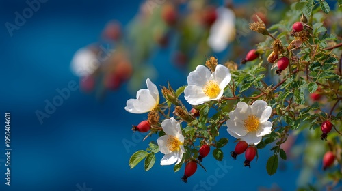 Artistic Depiction of a Vibrant Spring Scene with a Blooming Rose Bush and Lush Flowering Rose Hips
