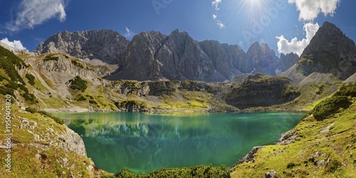 Turquoise crystal-clear Drachensee, Coburger Hütte, Ehrwalder Alm, Ehrwald, Mieminger Gebirge, Tyrol, Austria