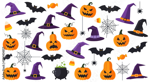 Halloween Icons: Pumpkins, Bats, Witch Hats, Spiders, Candy & Cauldron Seamless Pattern