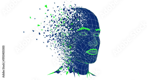 Abstract 3D human head dissolving into digital particles, artificial intelligence concept