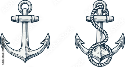 Vintage Navy Blue Anchor Pair with and without Twisted Rope — Classic Nautical Engraving Hand Drawn Sketch Style Vector