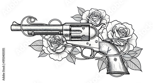 Vintage Revolver Gun with Roses, Western Style Illustration