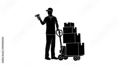 Warehouse worker scanning boxes on pallet jack silhouette vector illustration of logistics and delivery