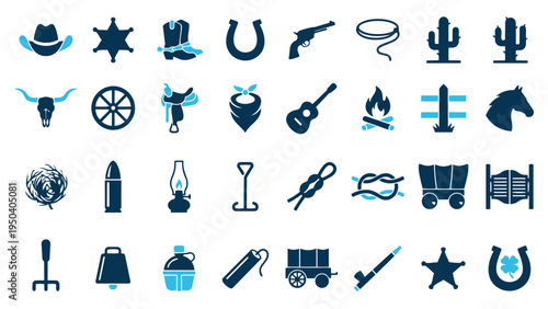 Cowboy and Wild West Flat Icon Set with Revolver Lasso and Saloon Doors
