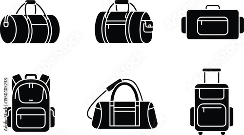 Vector illustration of travel bags set including backpacks duffel bags and suitcase icons for tourism vacation journey and luggage storage.