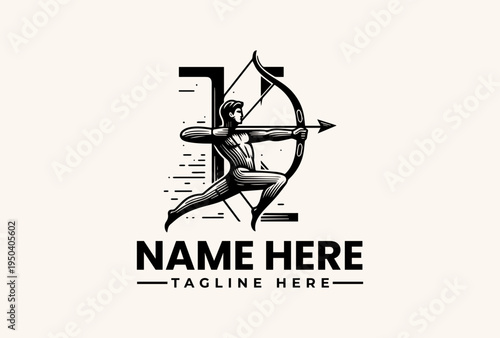 A black and white illustration of an archer in a dynamic pose, aiming a bow and arrow, surrounded by geometric shapes and lines on a clean white background, with a bold logo design template.