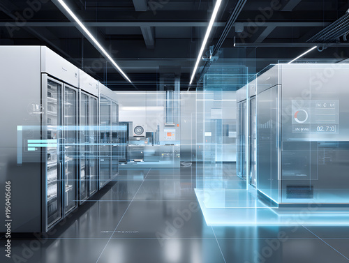 High tech server corridor with glass racks and holographic data overlays inside modern computing infrastructure
