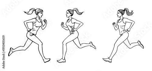 Sport running woman set with continuous one line drawing on white background vector illustration featuring running woman, sport, fitness with line art and minimalist
