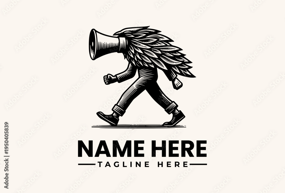 Fototapeta premium Black and white illustration of a winged figure holding a megaphone, walking forward with a bold logo design and customizable text on a clean background.
