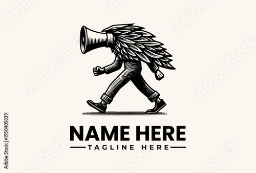 Black and white illustration of a winged figure holding a megaphone, walking forward with a bold logo design and customizable text on a clean background.