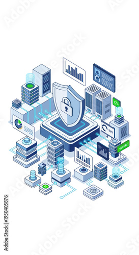 Isometric Data Security and Network Protection Illustration.