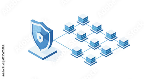 Isometric Data Security Network with Shield Protection.
