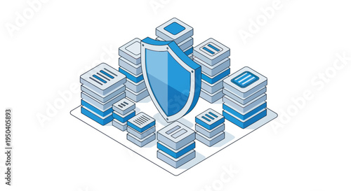 Isometric Data Security Shield Protecting Server Racks.