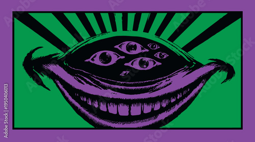 A surreal, unsettling composition features an open, toothy mouth with multiple eyes and a radiating background