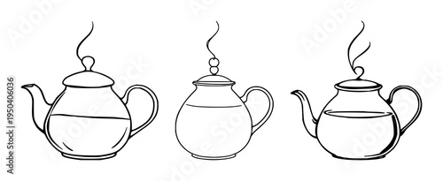 Teapot set with abstract line art design featuring rising steam, coffee, tea with drinkware and kitchenware