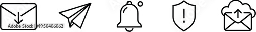 Vector illustration of communication icons set including incoming email paper plane notification bell security shield and cloud upload mail symbols.