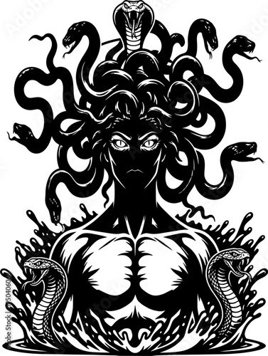 Medusa Gorgon muscular torso cobra water splash stencil

