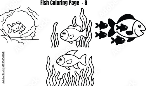 Fish swimming among seaweed on white background coloring page