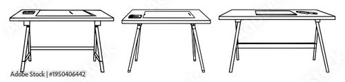 Architectural drafting table set with clean black line art on white background featuring drafting, design, geometry with studio and workspace