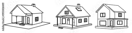 3D-printed house model icon set with geometric shapes and consistent stroke width featuring construction, architecture, technology with innovation and development