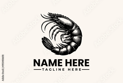 Black and white vector illustration of a shrimp logo with placeholder text on a beige background, featuring a stylized crustacean design.