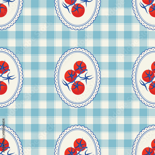 Mediterranean Summer Seamless Pattern with Tomato Vine on a Gingham Background. Rustic Vector Design.