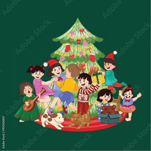 Happy children celebrating Christmas together around a decorated tree with pets and gifts, hand drawn illustration.eps