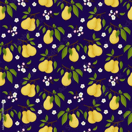 Seamless decorative pattern with yellow pears, leaves, and blossoms on a dark background.