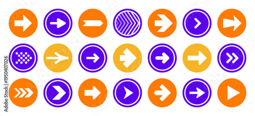 Arrows icons. Circular arrow icon set with pointing direction symbols. Flat pointers, cursors, and navigation signs. Modern graphic elements for wayfinding, next step indicators and progress markers