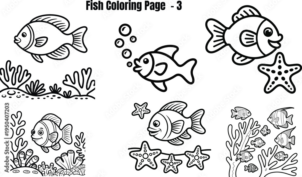Obraz premium Black and white fish sea creatures coloring page starfish