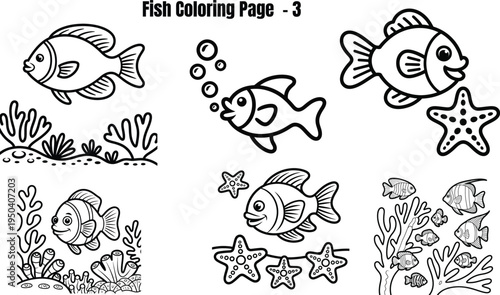 Black and white fish sea creatures coloring page starfish
