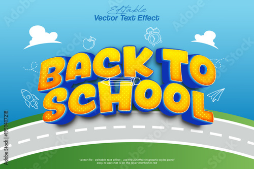 Playful yellow and blue 3d back to school typography on road and sky background