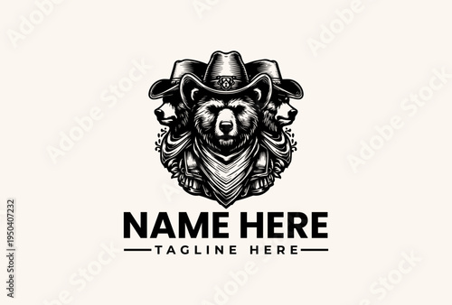 Black and white illustration of a bear wearing a cowboy hat and bandana with a logo template on a beige background.
