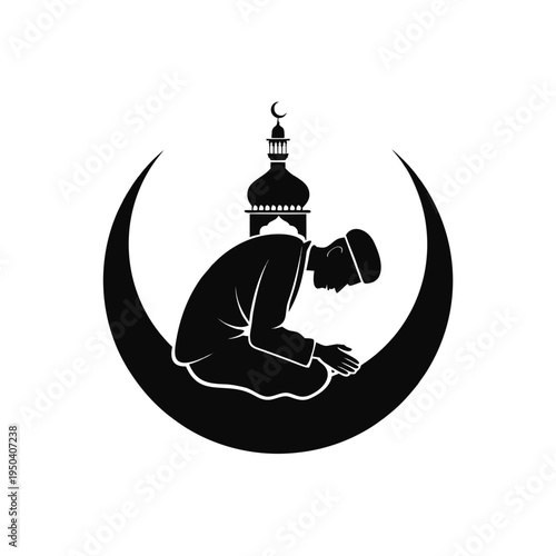 A muslim man praying on a crescent moon with a mosque