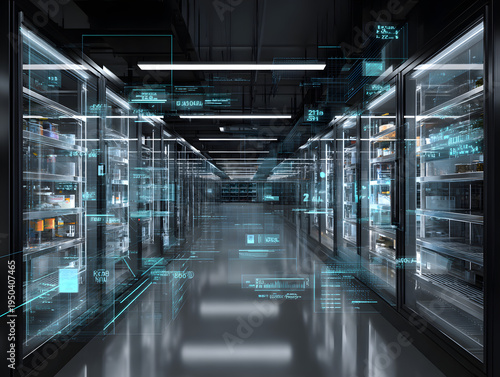 Modern server room with illuminated racks and digital analytics dashboards visualizing network performance