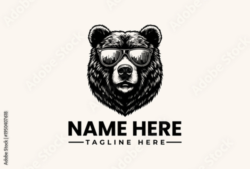 A black and white illustration of a bear's head wearing sunglasses with a placeholder text for a logo or brand name on a plain background.