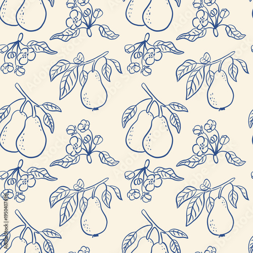 Hand drawn seamless pattern of leaves and pears.