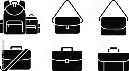 Vector illustration of business bags set including briefcase messenger bags and backpack icons for office work corporate travel and luggage.