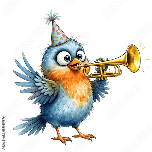 Cartoon blue bird wearing a party hat and playing a trumpet on transparent background
