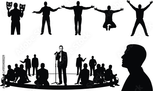 Collection of male performer silhouettes including stage speaker, dramatic poses, jumping figure, theater masks and audience group isolated vector illustration.