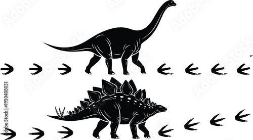 Dinosaur silhouettes with fossil footprint tracks including sauropod and stegosaurus isolated on light background for prehistoric wildlife, paleontology, and educational design