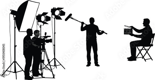 Film production crew silhouettes with camera operator, boom microphone, studio lights and director with clapperboard representing professional filmmaking process.