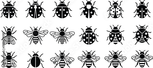 Ladybug and bee insect silhouette icon set featuring various spotted beetles and flying bees isolated vector illustration.