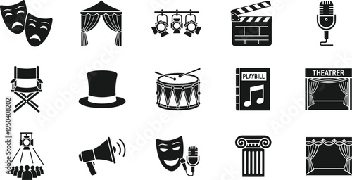 Theater and cinema icons set including stage masks, spotlight, microphone, clapperboard, drum, curtain and performance symbols isolated vector illustration.
