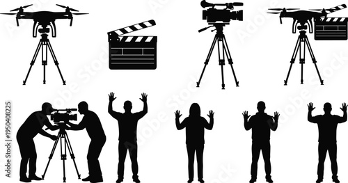 Video production and filmmaking silhouettes set with camera operator, drone camera, clapperboard, tripod camera and people posing for filming concept.