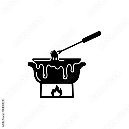 silhouette icon of cheese fondue pot with dripping cheese, simple minimal silhouette, single icon vector