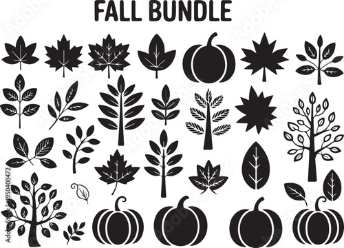 Fall bundle twenty eight silhouette designs autumn leaves pumpkin harvest season nature elements organic woodland botanical art