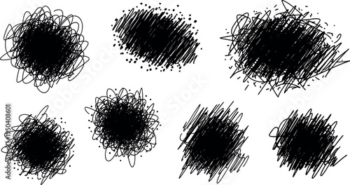 A collection of seven black scribble spots on transparent background
