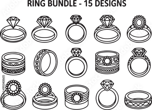 Set of wedding rings in black outline style on transparent background various band styles engagement symbol jewel